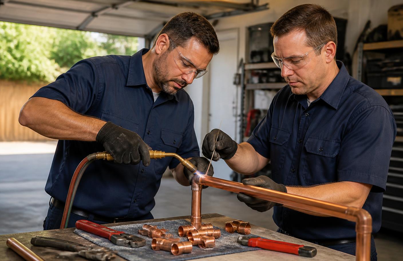 Two OC Repipes installers soldering Type L copper pipe during a whole-house repipe