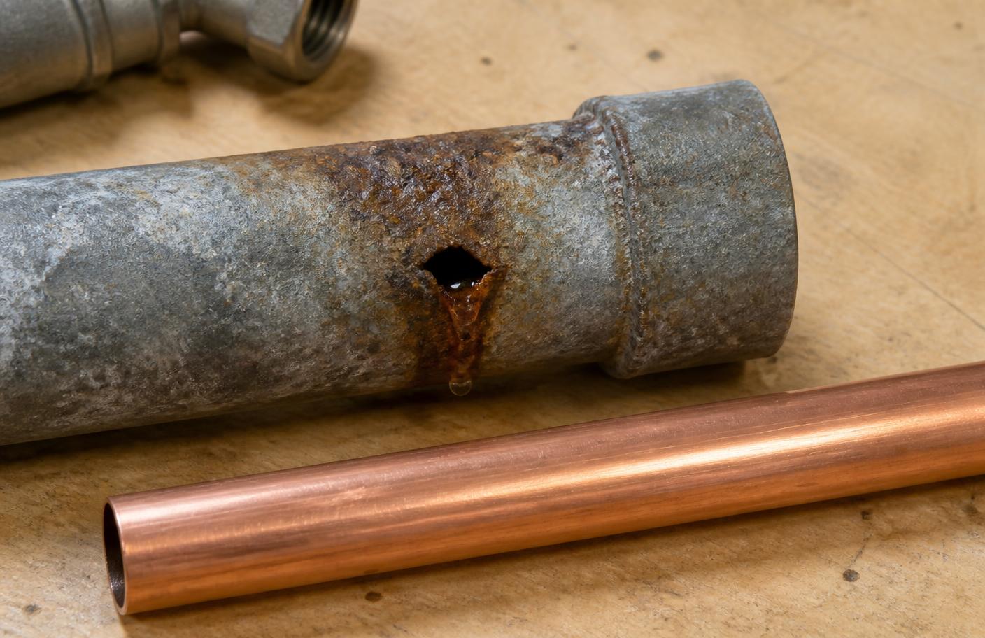 Corroded galvanized water pipe with a pinhole leak next to a new copper pipe